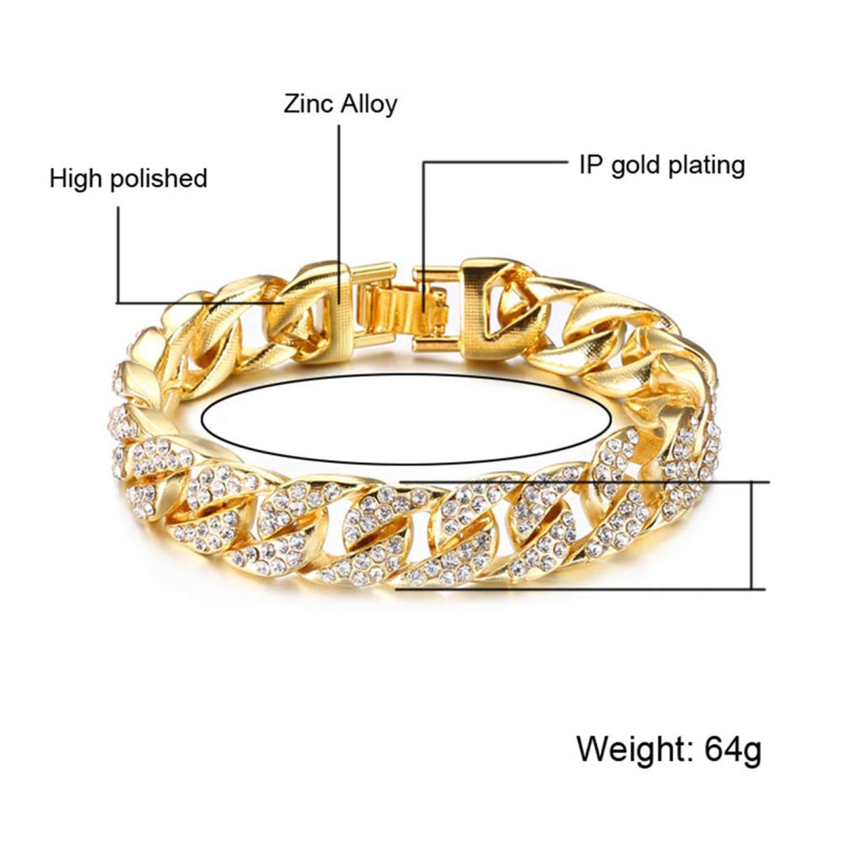 Hip Hop Iced Out Cuban Curb Rhinestone CZ Gold Bracelet Bulk
