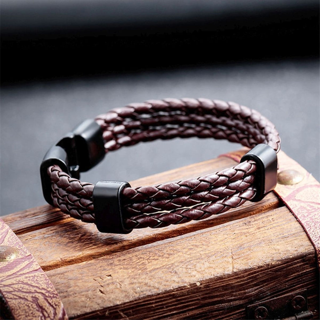 Brown Triple Layer Braided Rope Leather Wrist Band Wrap Bracelet Bulk