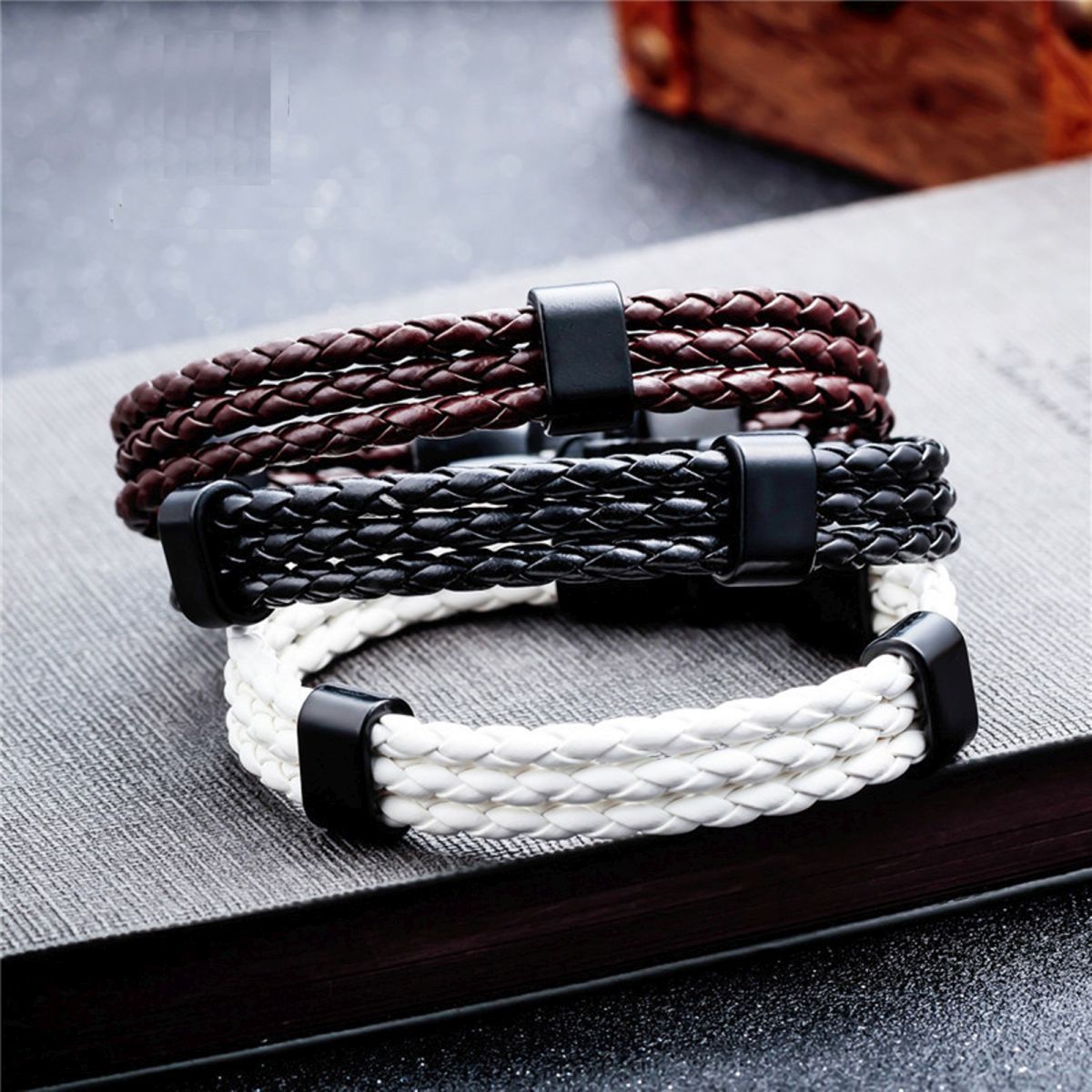 Brown Triple Layer Braided Rope Leather Wrist Band Wrap Bracelet Bulk