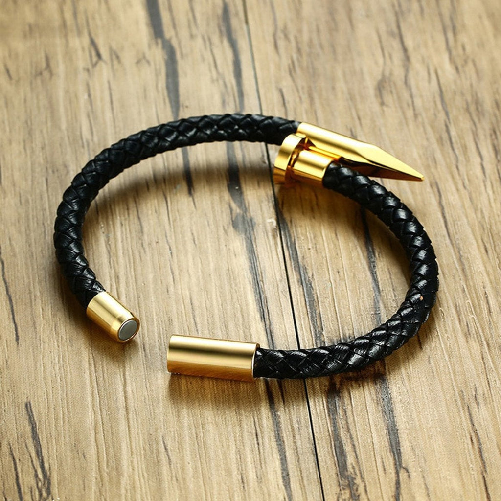 Nail Black Gold 316L Stainless Steel Braided Leather Bracelet Bulk