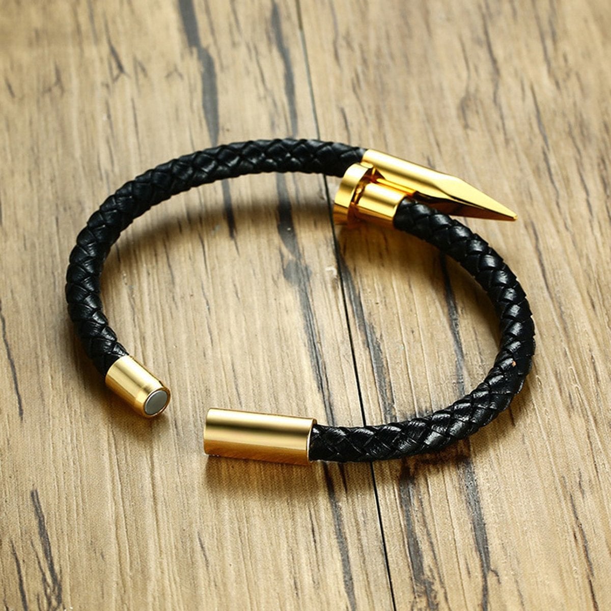 Nail Black Gold 316L Stainless Steel Braided Leather Bracelet Bulk