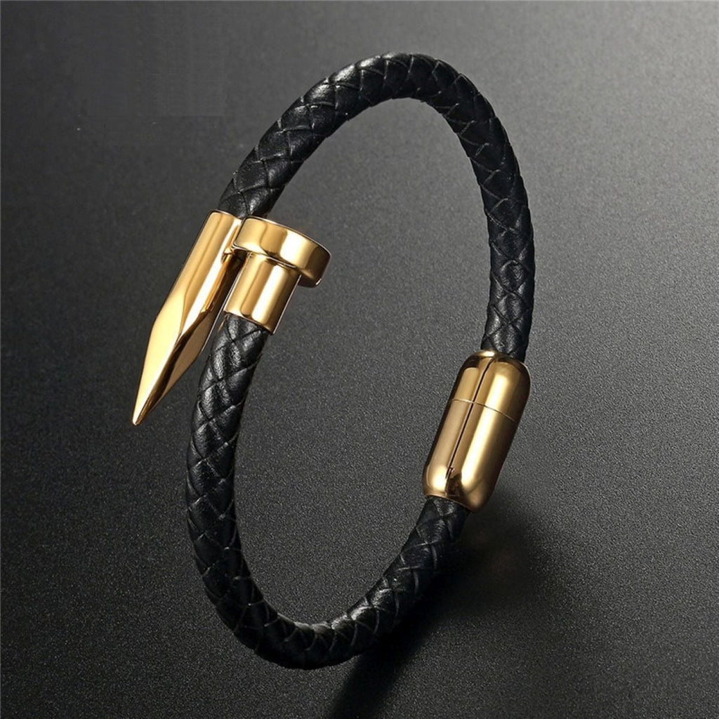 Nail Black Gold 316L Stainless Steel Braided Leather Bracelet Bulk