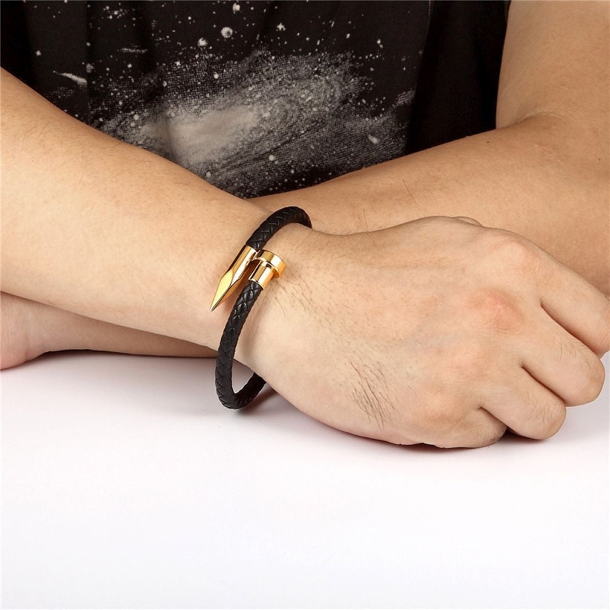 Nail Black Gold 316L Stainless Steel Braided Leather Bracelet Bulk