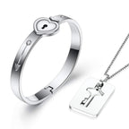 Key Lock Silver Stainless Steel Pendant Chain Kada Bangle Couple Set