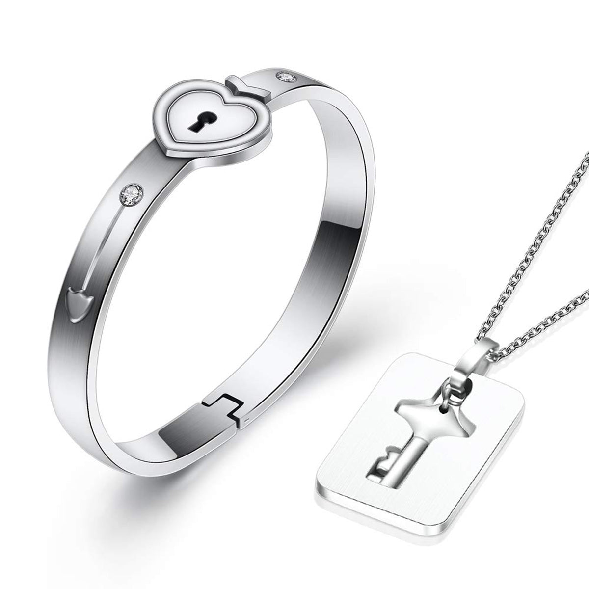Key Lock Silver Stainless Steel Pendant Chain Kada Bangle Couple Set