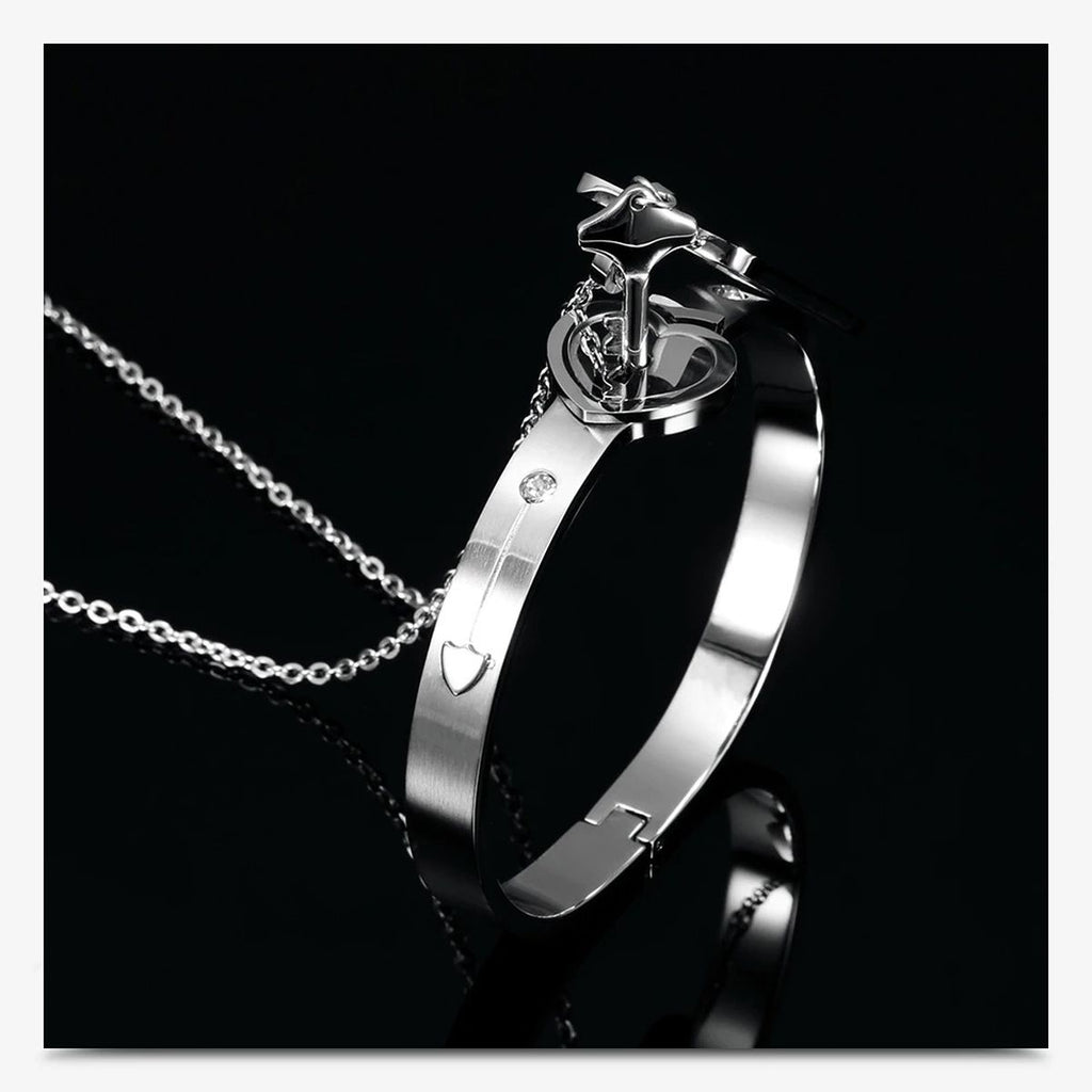 Key Lock Silver Stainless Steel Pendant Chain Kada Bangle Couple Set