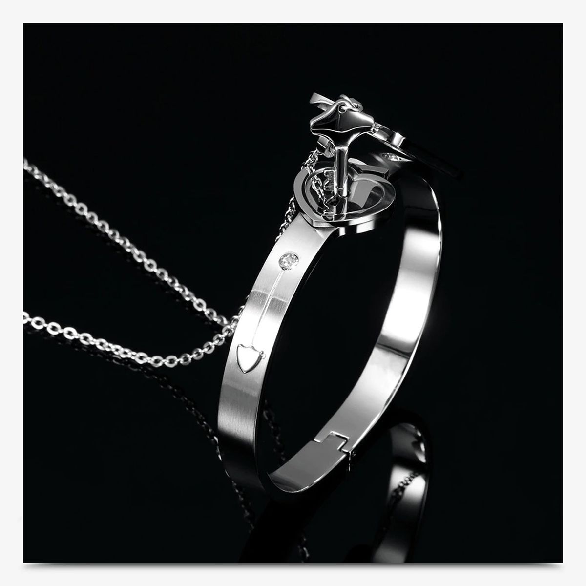Key Lock Silver Stainless Steel Pendant Chain Kada Bangle Couple Set