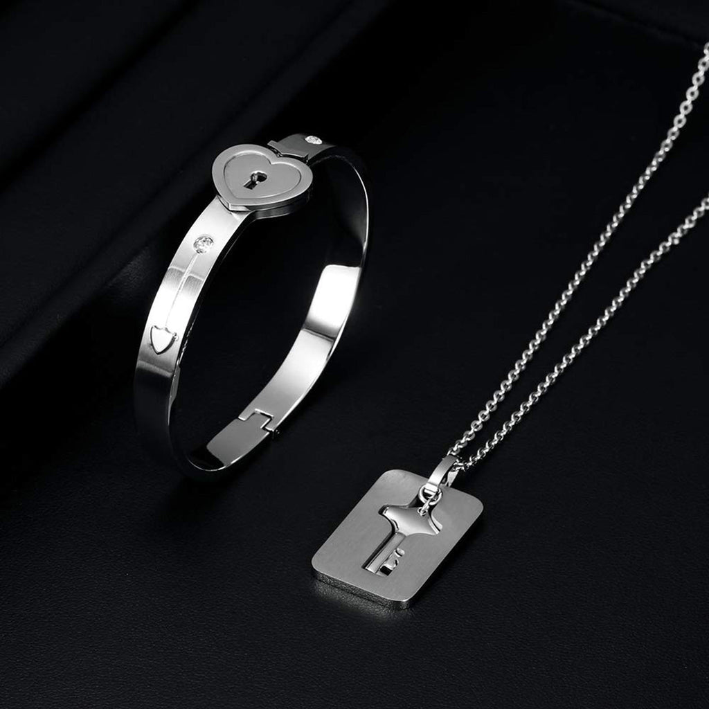 Key Lock Silver Stainless Steel Pendant Chain Kada Bangle Couple Set