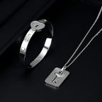 Key Lock Silver Stainless Steel Pendant Chain Kada Bangle Couple Set
