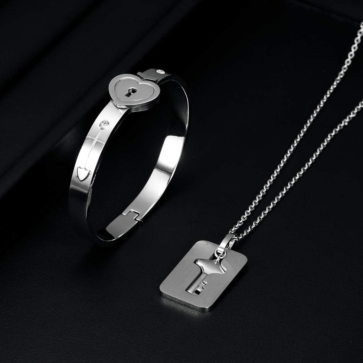 Key Lock Silver Stainless Steel Pendant Chain Kada Bangle Couple Set