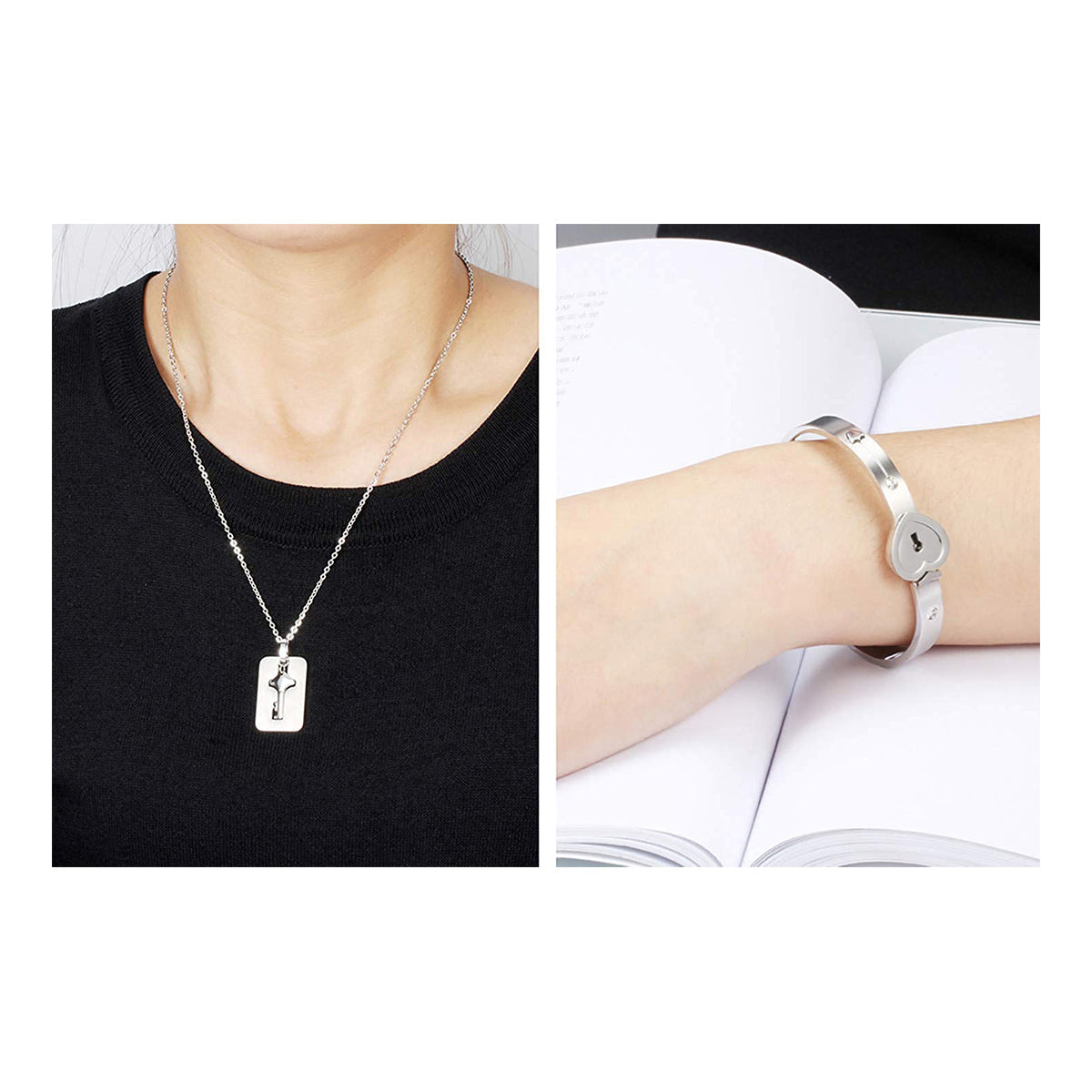 Key Lock Silver Stainless Steel Pendant Chain Kada Bangle Couple Set