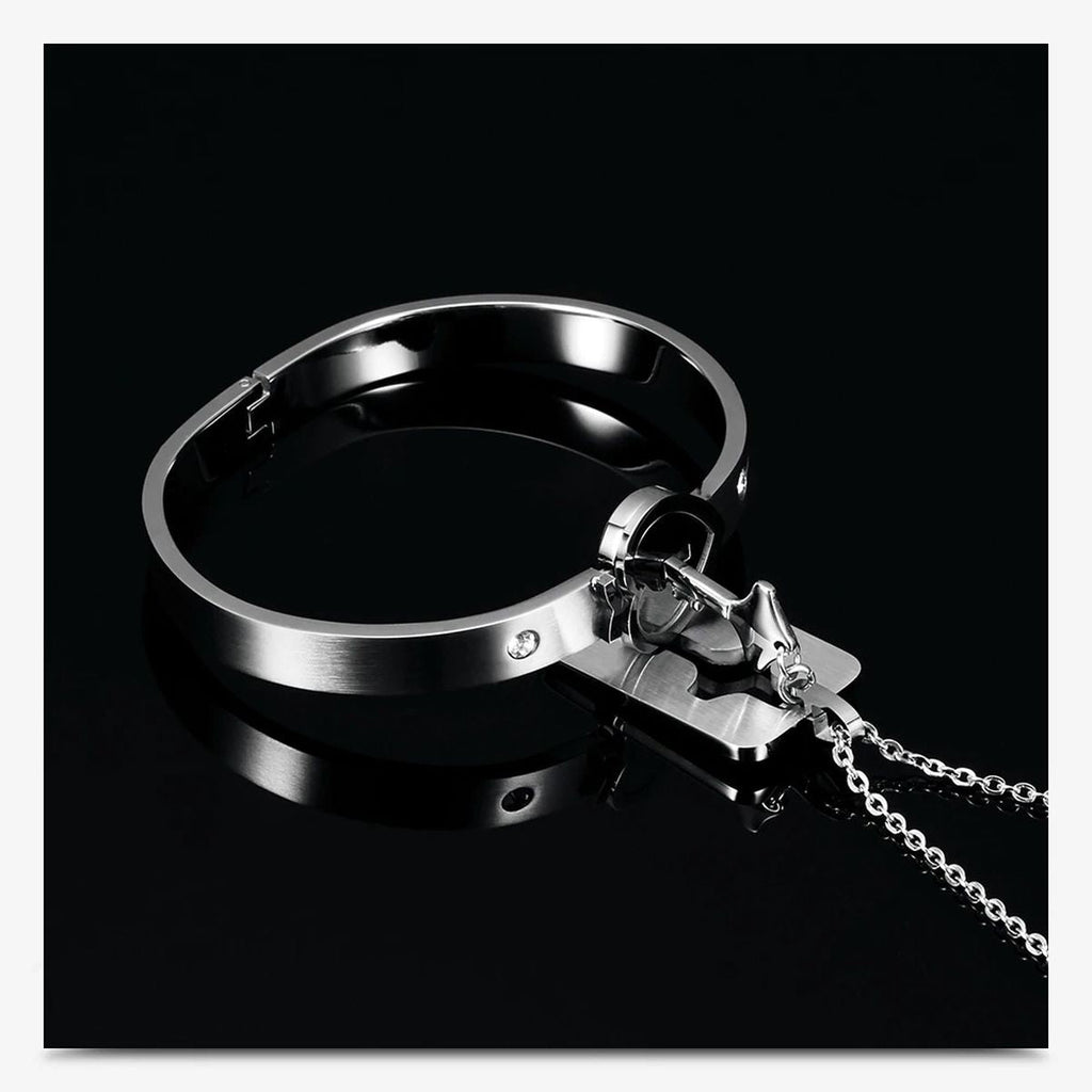Key Lock Silver Stainless Steel Pendant Chain Kada Bangle Couple Set