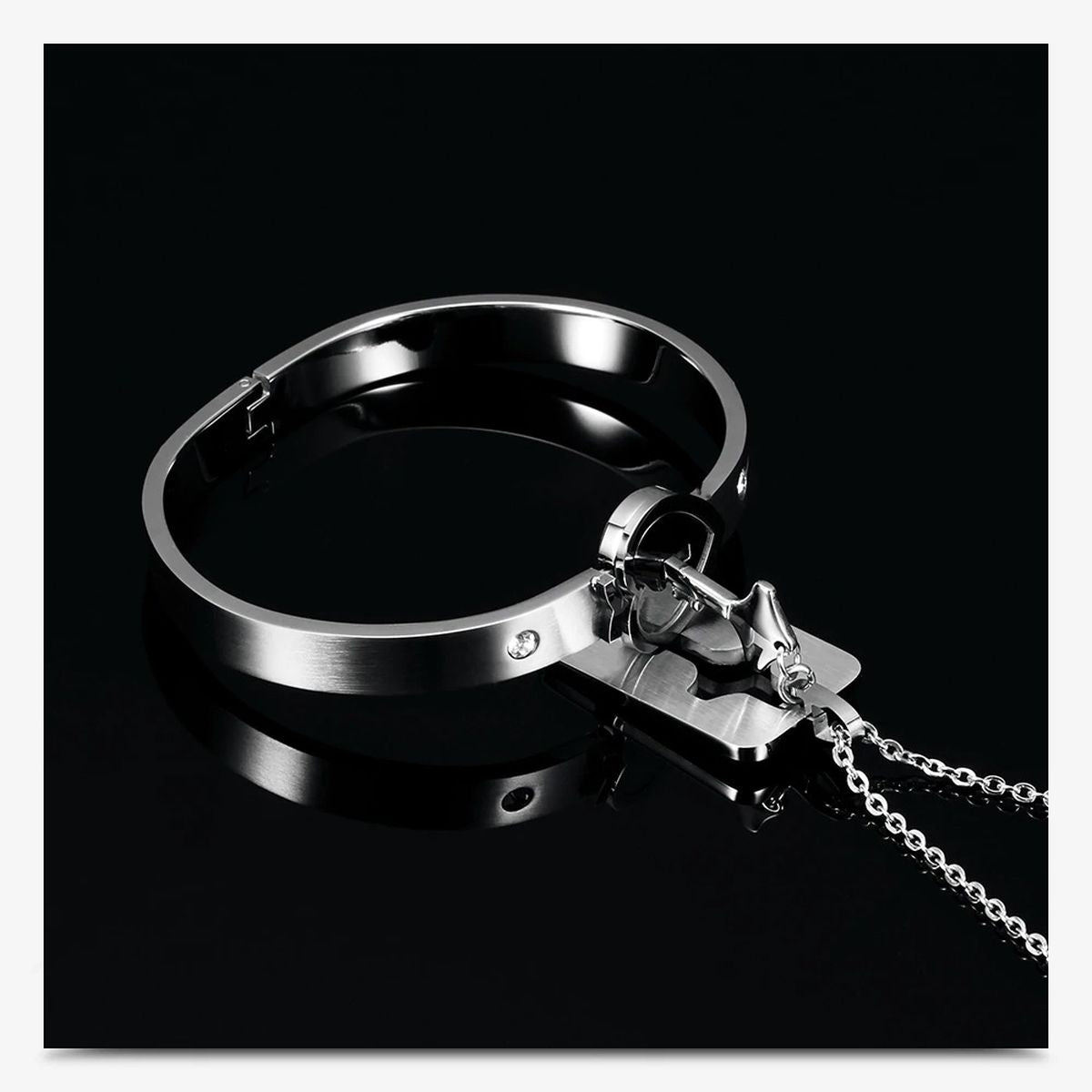 Key Lock Silver Stainless Steel Pendant Chain Kada Bangle Couple Set