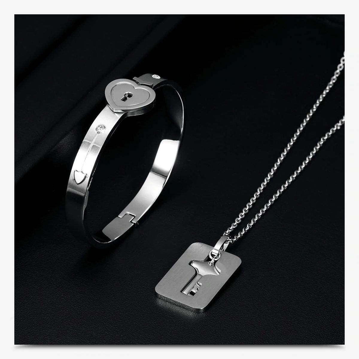 Key Lock Silver Stainless Steel Pendant Chain Kada Bangle Couple Set Main image