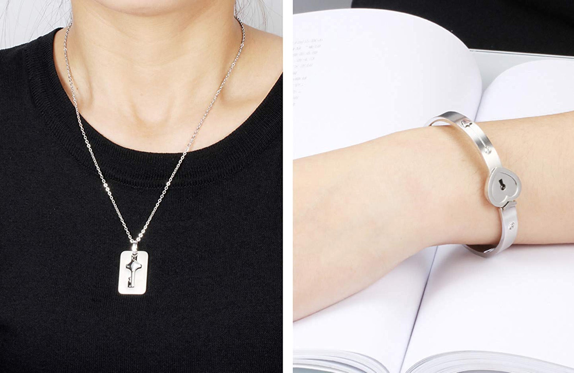 Key Lock Silver Stainless Steel Pendant Chain Kada Bangle Couple Set