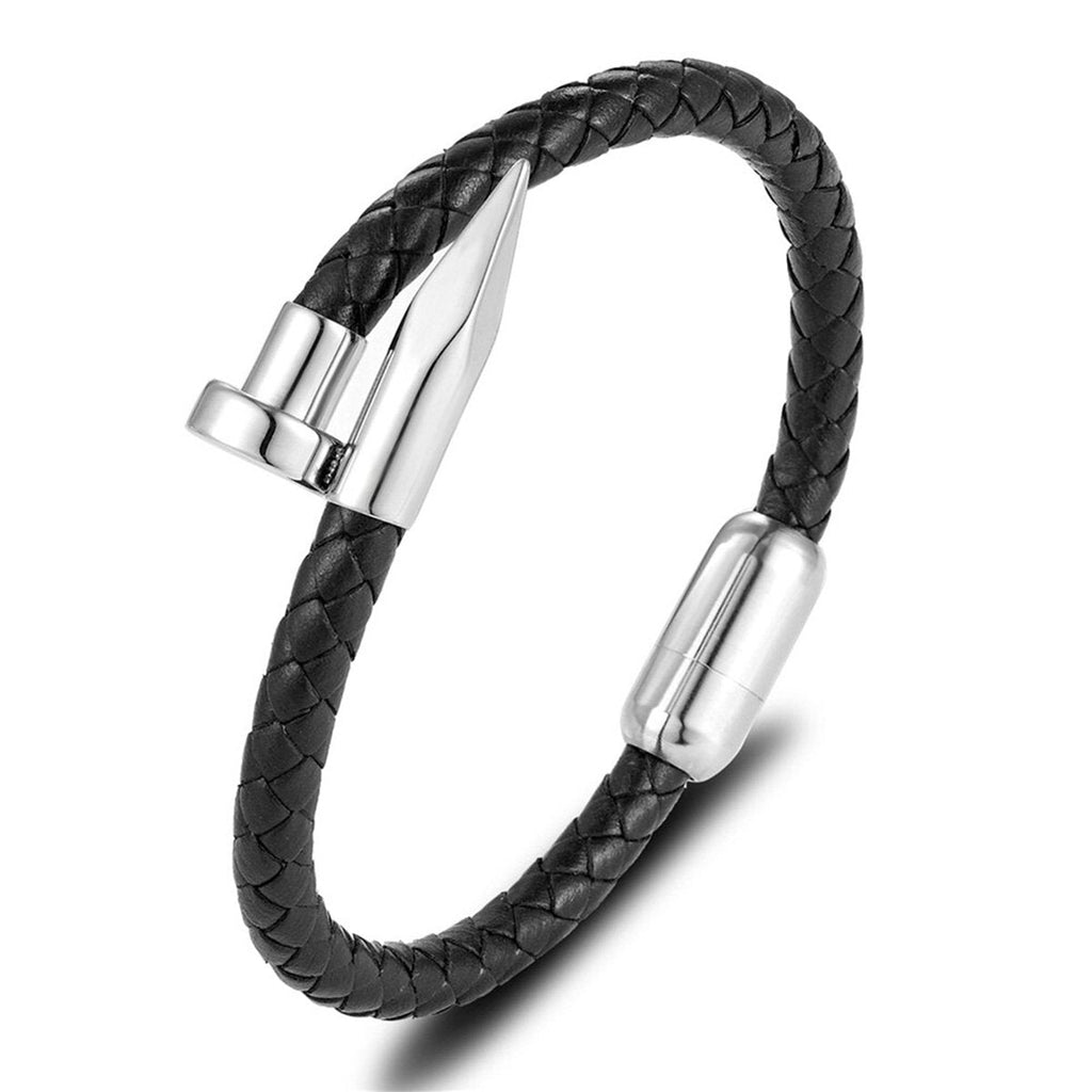 Gothic Nail Punk Black Silver Stainless Steel Braided Leather Bracelet