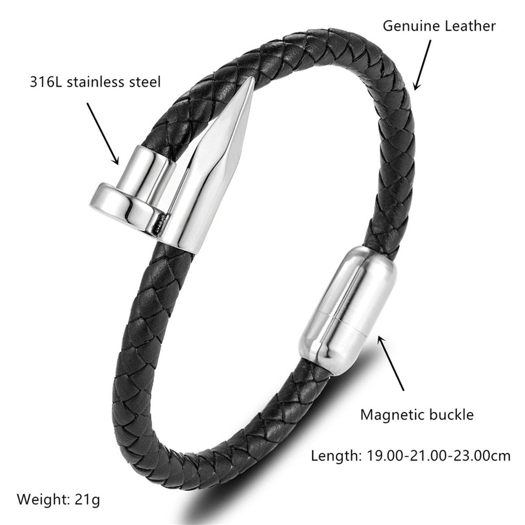 Gothic Nail Punk Black Silver Stainless Steel Braided Leather Bracelet