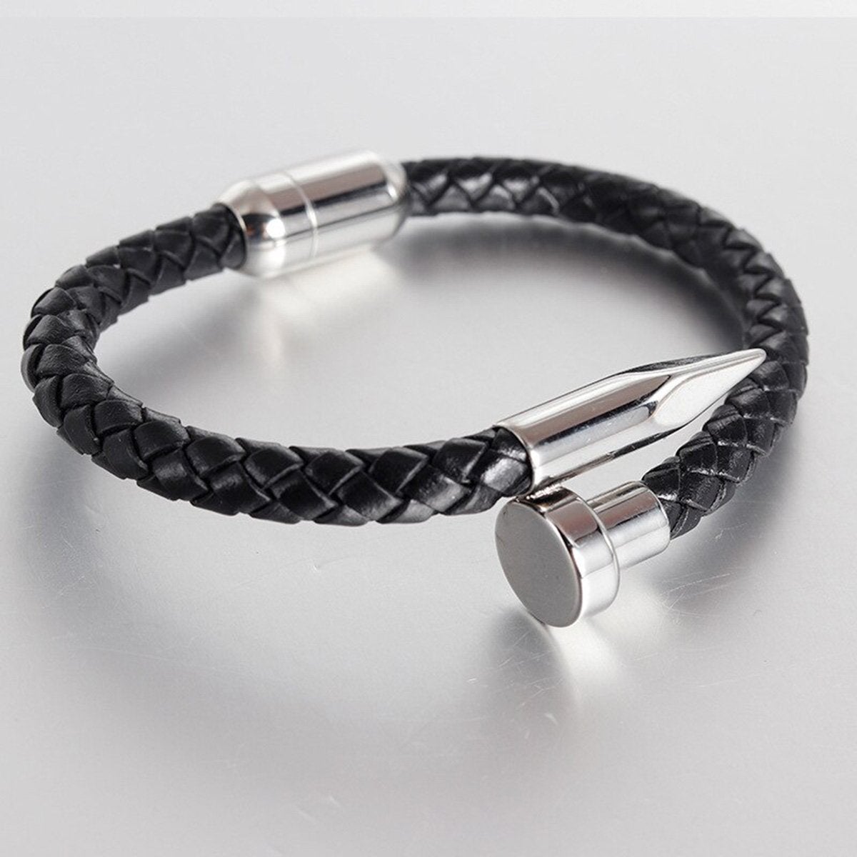 Gothic Nail Punk Black Silver Stainless Steel Braided Leather Bracelet Main image