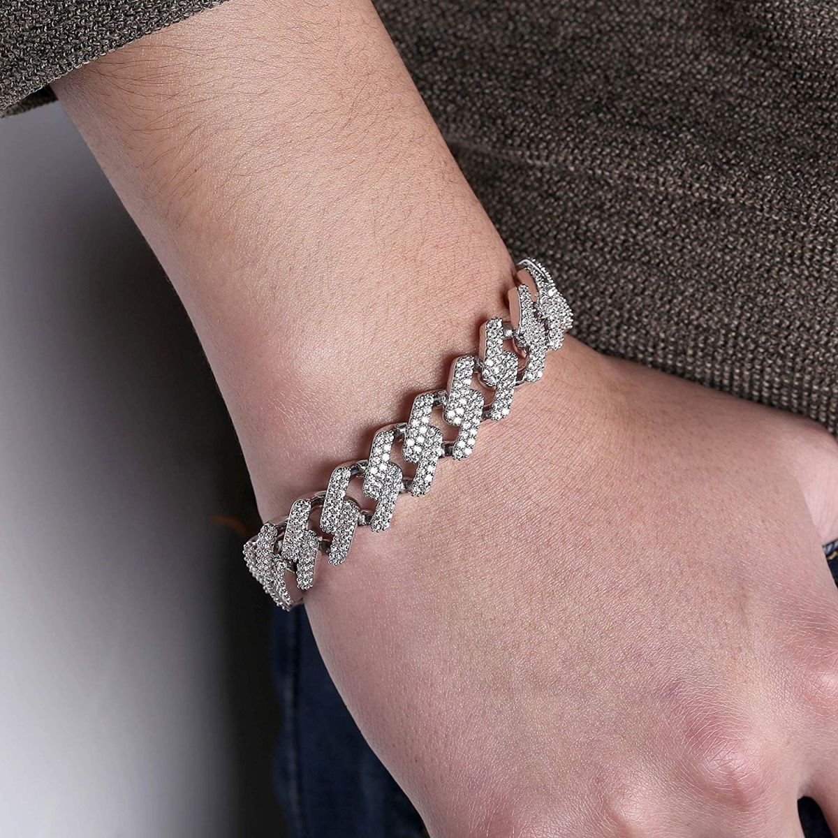 Curb Cuban Hip Hop Iced Out Links Silver Rhinestone Bracelet Men Bulk