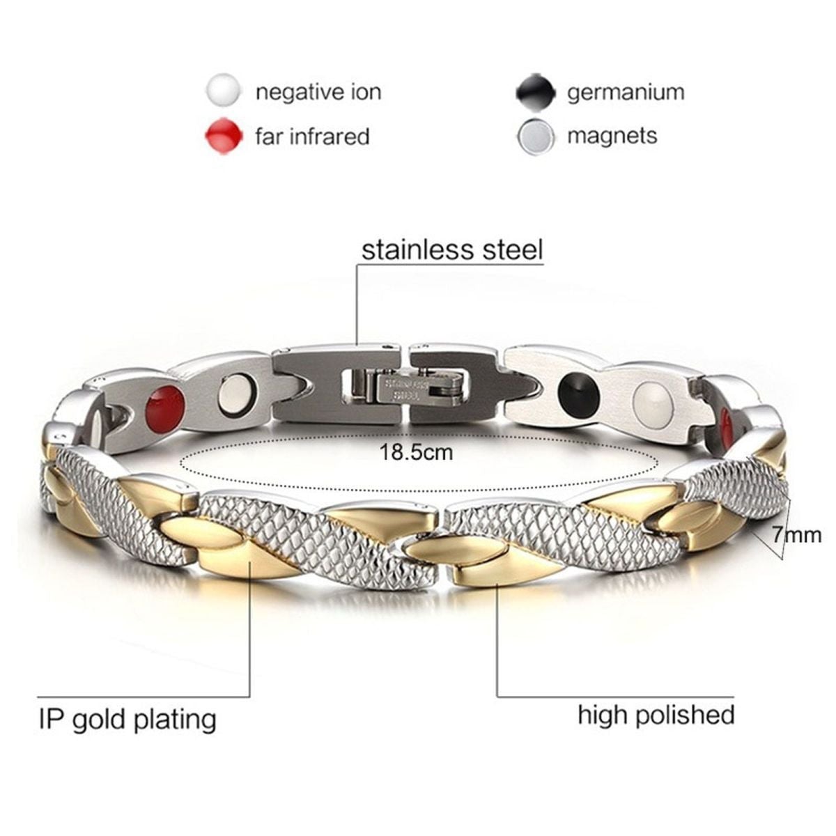 Gold Silver Stainless Steel Magnet Health Therapy Bio Energy Bracelet