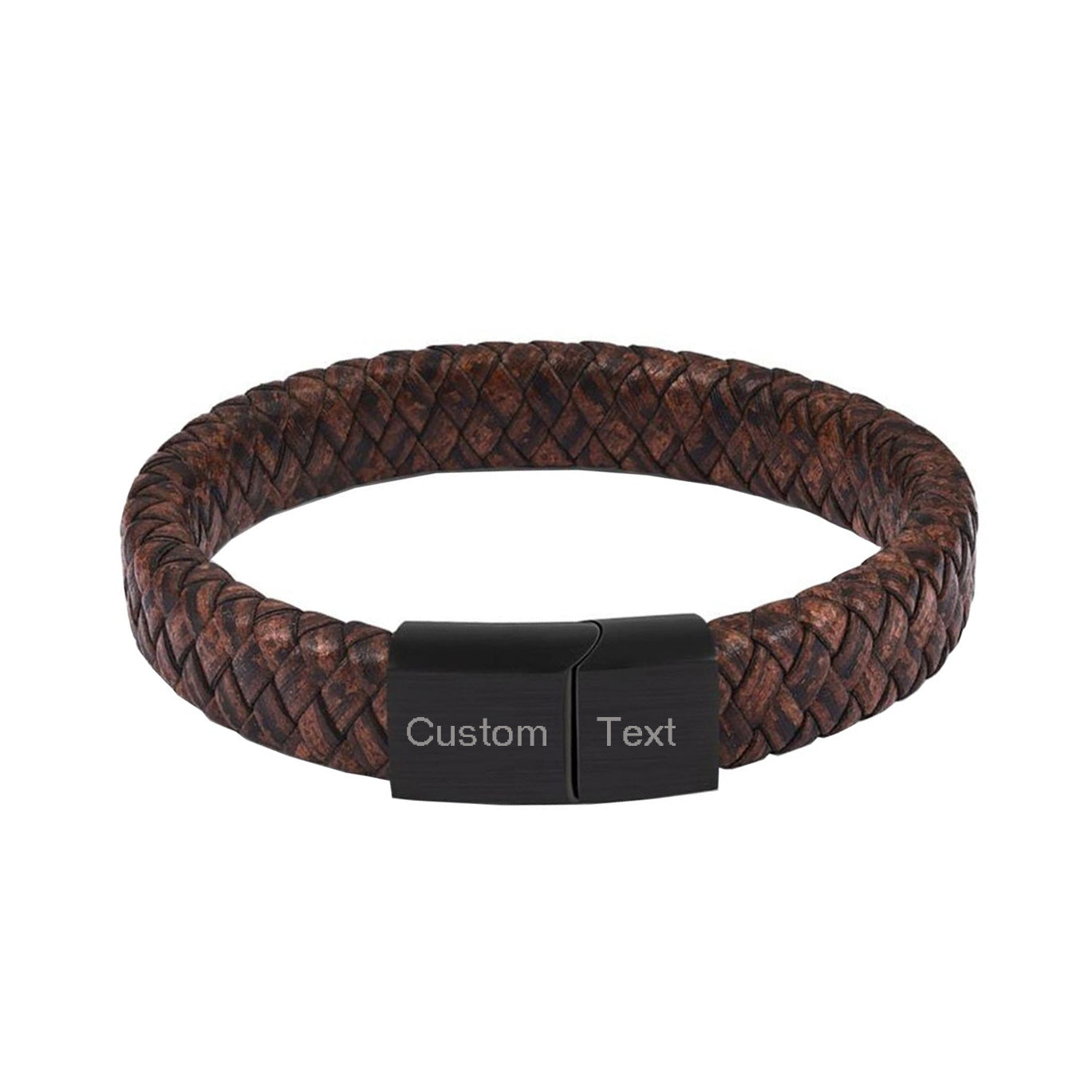 Braided Brown Leather Black Stainless Steel Wrist Band Personalized Engraved Bracelet Men Secondary image