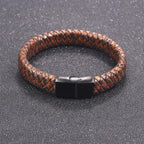 Braided Brown Leather Black Stainless Steel Wrist Band Bracelet Bulk