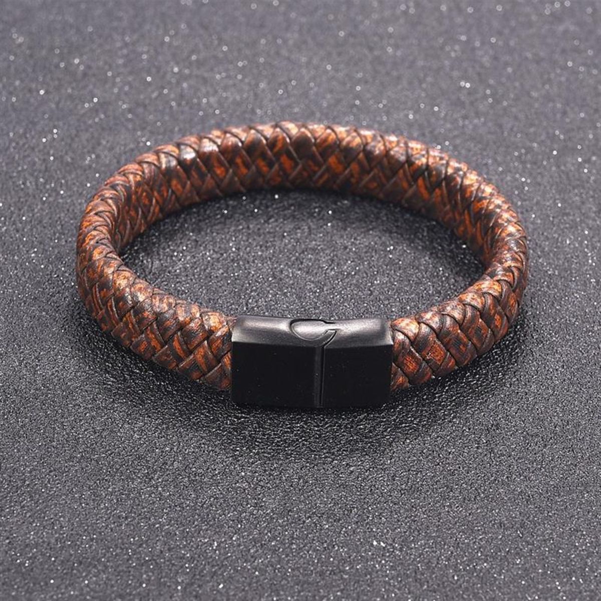 Braided Brown Leather Black Stainless Steel Wrist Band Bracelet Bulk