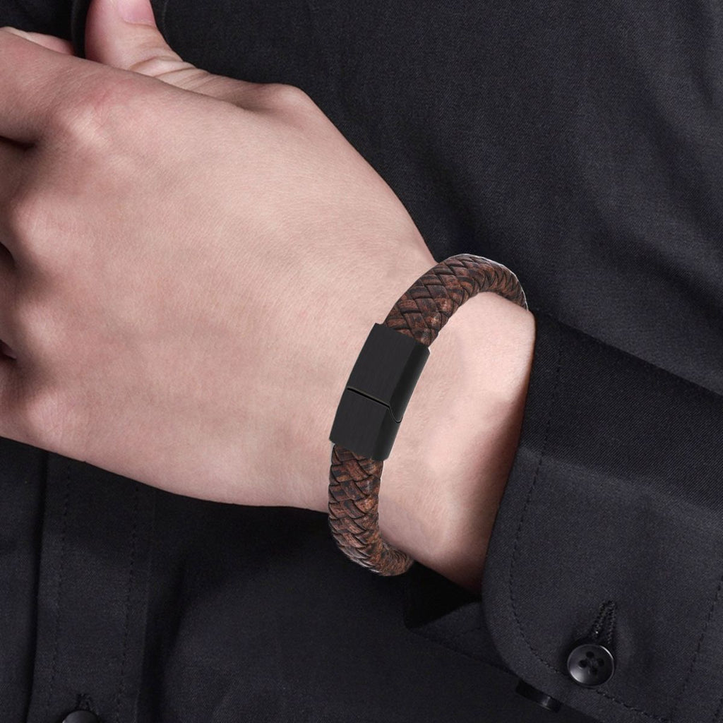 Braided Brown Leather Black Stainless Steel Wrist Band Bracelet Bulk