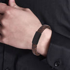Braided Brown Leather Black Stainless Steel Wrist Band Bracelet Bulk