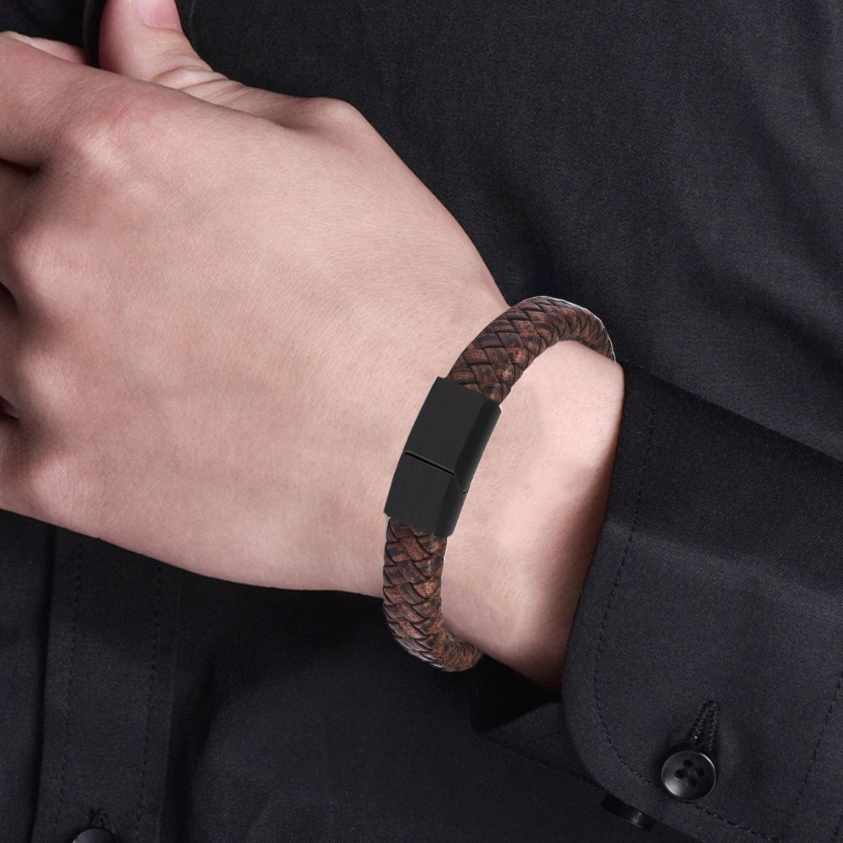 Braided Brown Leather Black Stainless Steel Wrist Band Bracelet Bulk