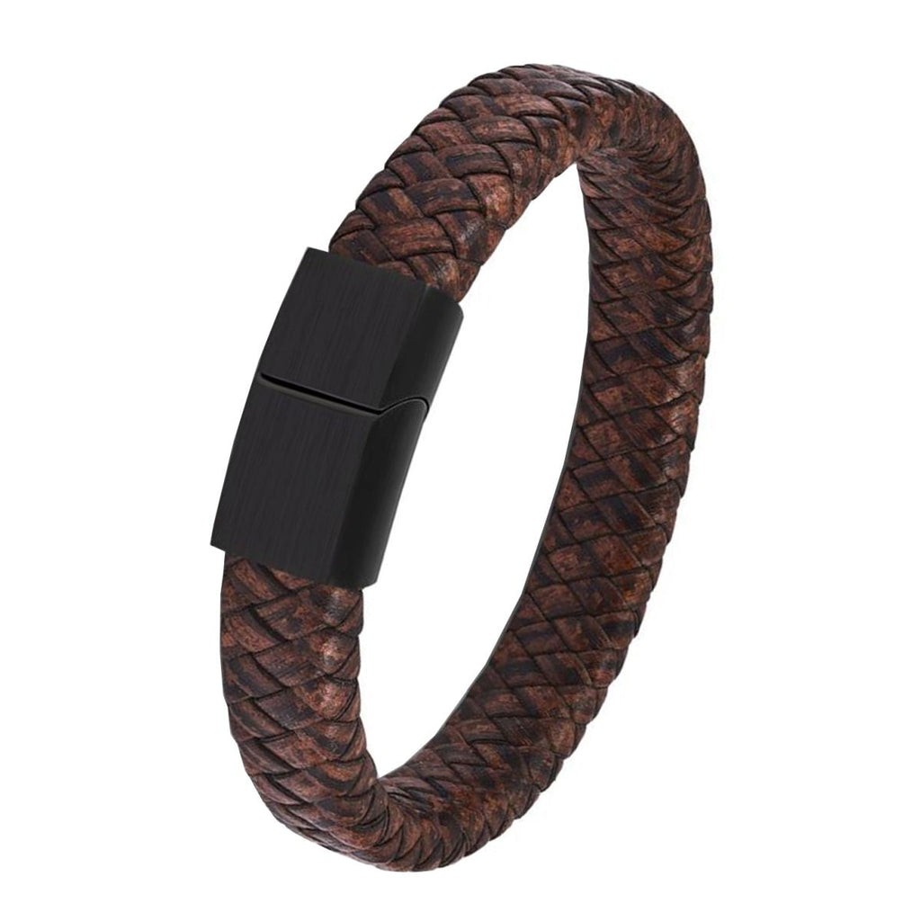 Braided Brown Leather Black Stainless Steel Wrist Band Bracelet Bulk