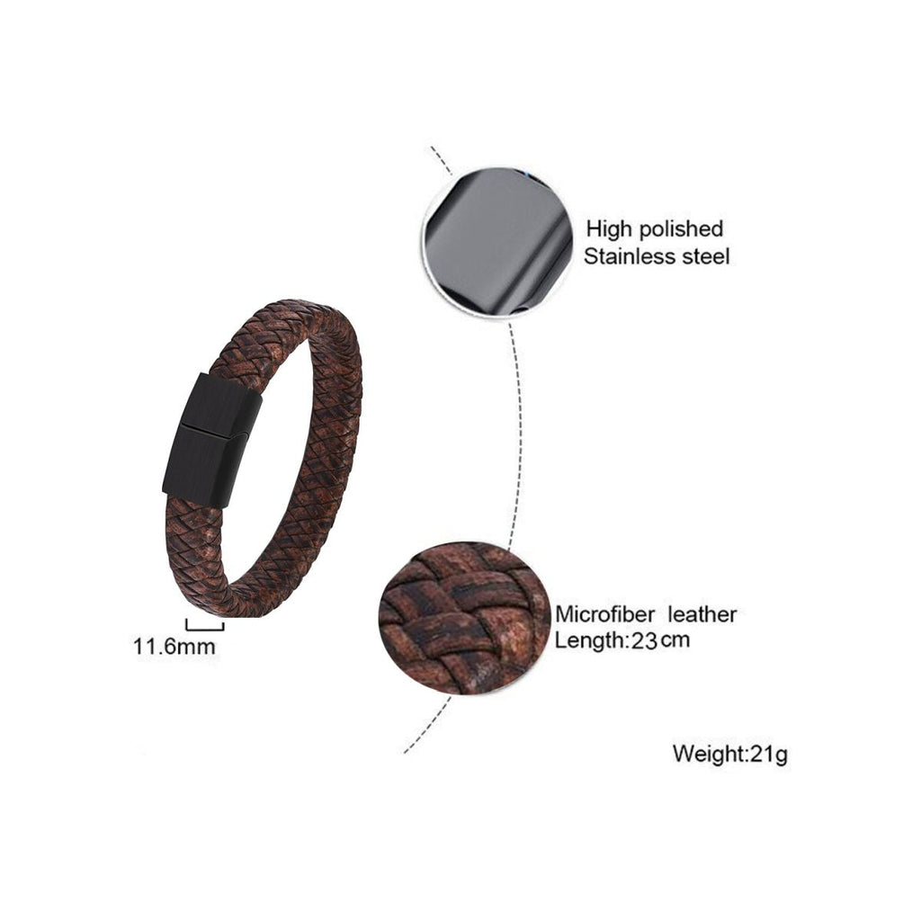 Braided Brown Leather Black Stainless Steel Wrist Band Bracelet Bulk