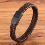 Braided Brown Leather Black Stainless Steel Wrist Band Bracelet Bulk