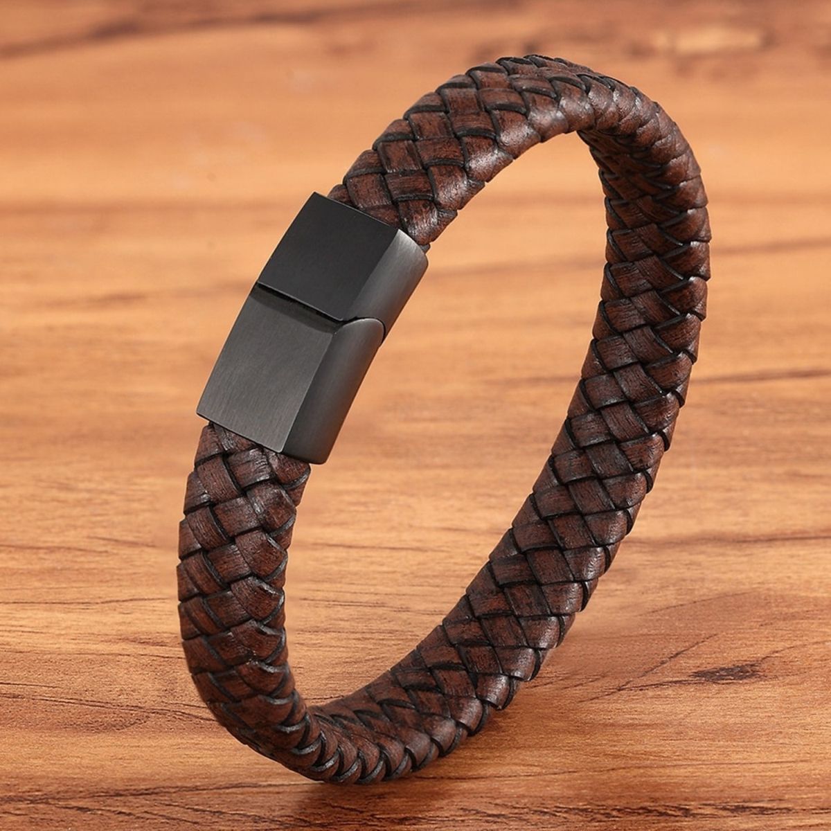 Braided Brown Leather Black Stainless Steel Wrist Band Bracelet Bulk