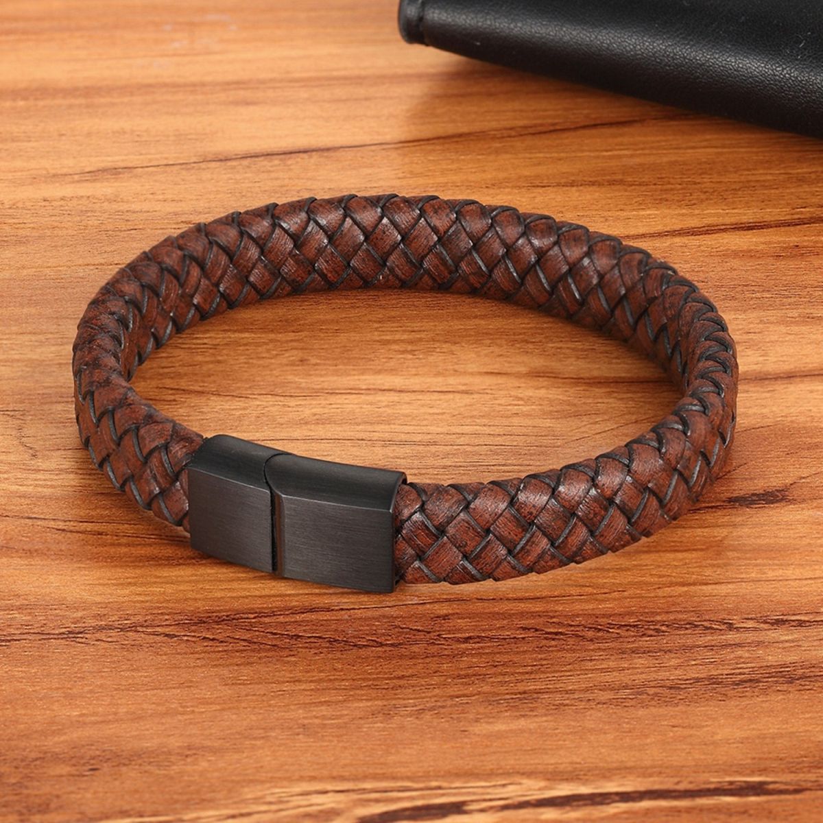 Braided Brown Leather Black Stainless Steel Wrist Band Bracelet Bulk Main image