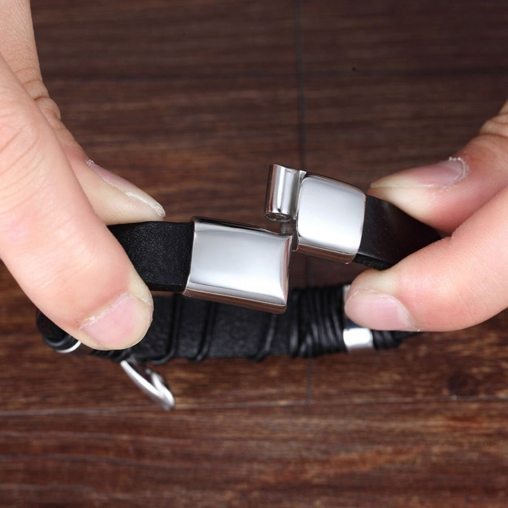 Braided Brown Leather Black Stainless Steel Wrist Band Bracelet Bulk