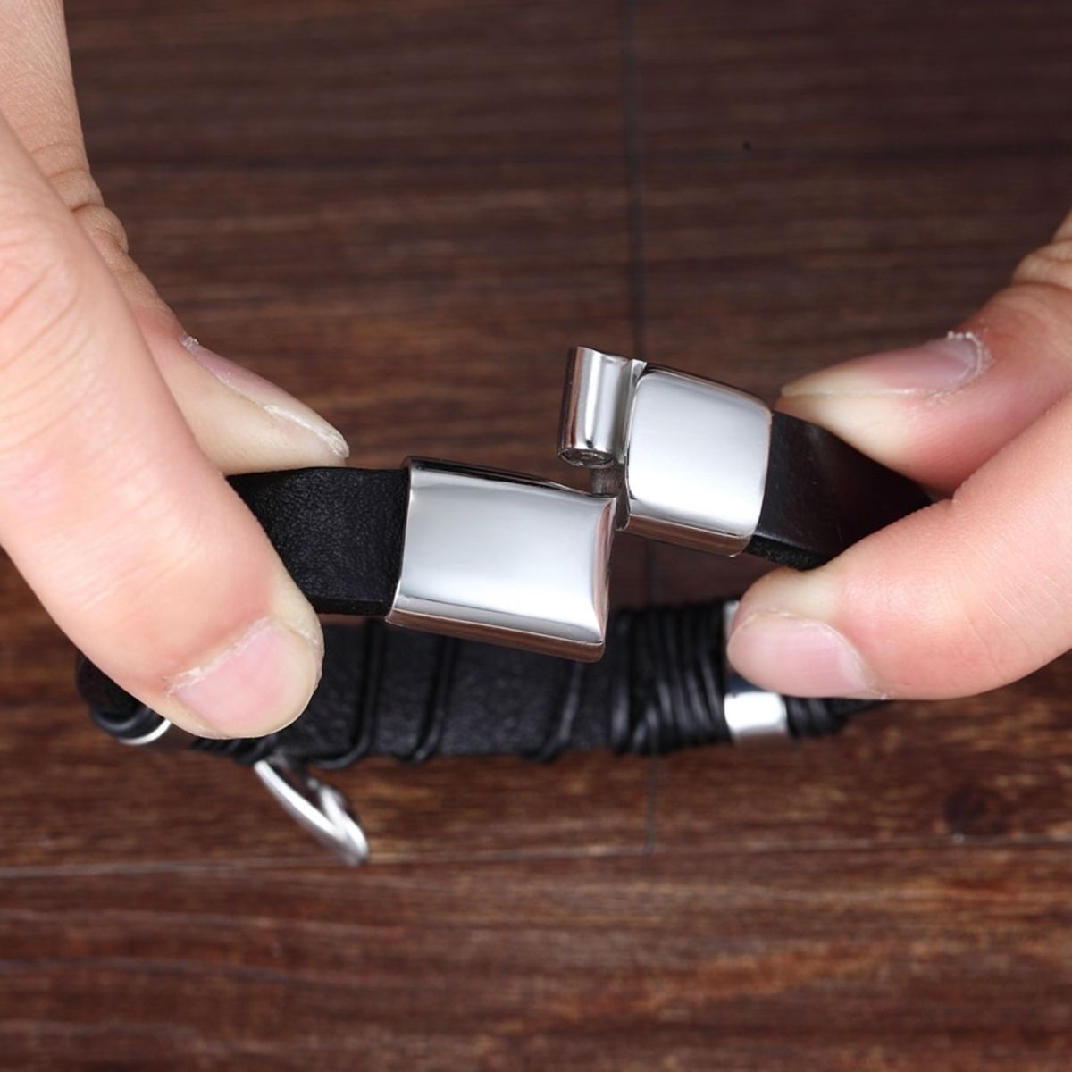 Braided Brown Leather Black Stainless Steel Wrist Band Bracelet Bulk