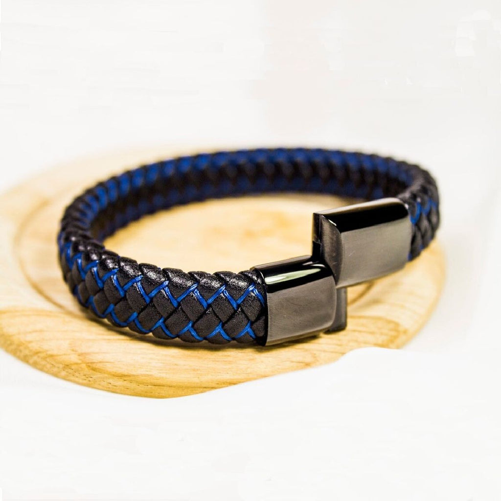 Braided Blue Black Leather Stainless Steel Wrist Band Personalized Engraved Bracelet Men