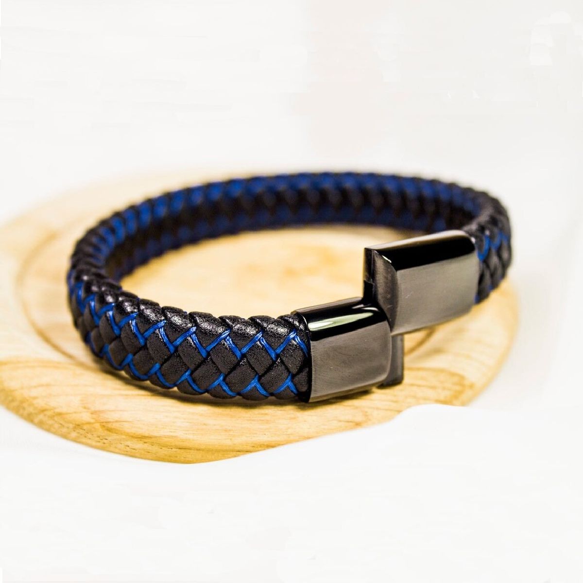 Braided Blue Black Leather Stainless Steel Wrist Band Personalized Engraved Bracelet Men