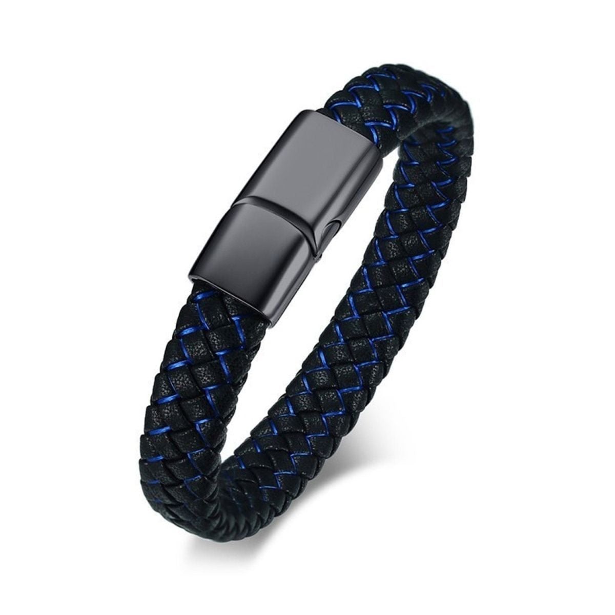 Braided Blue Black Leather Stainless Steel Wrist Band Bracelet Bulk