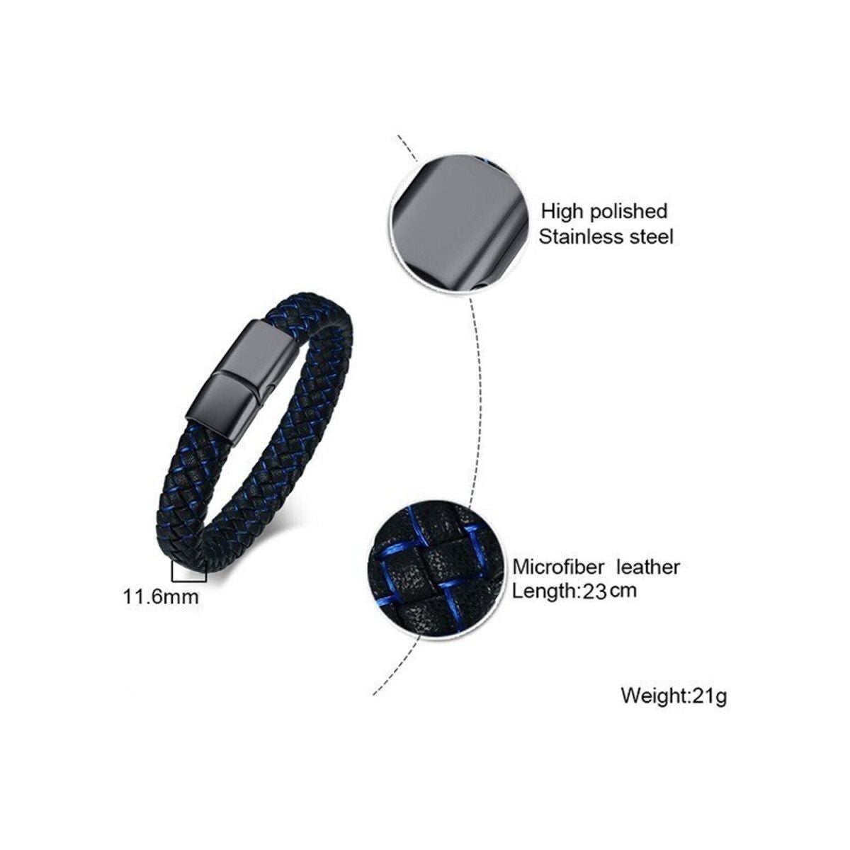 Braided Blue Black Leather Stainless Steel Wrist Band Bracelet Bulk