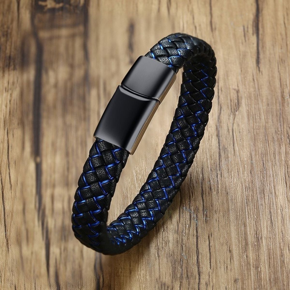 Braided Blue Black Leather Stainless Steel Wrist Band Bracelet Bulk