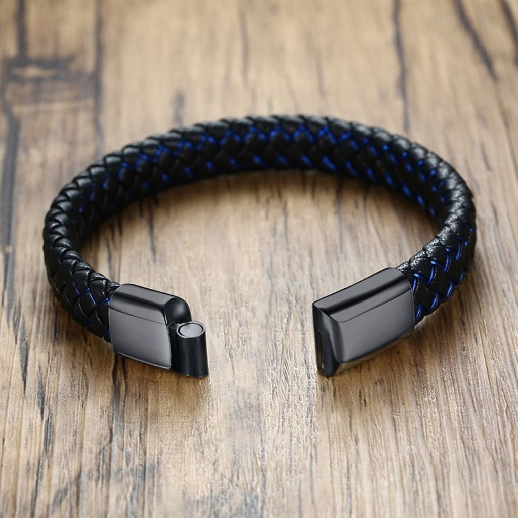 Braided Blue Black Leather Stainless Steel Wrist Band Bracelet Bulk