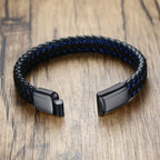 Braided Blue Black Leather Stainless Steel Wrist Band Bracelet Bulk