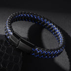 Braided Blue Black Leather Stainless Steel Wrist Band Bracelet Bulk