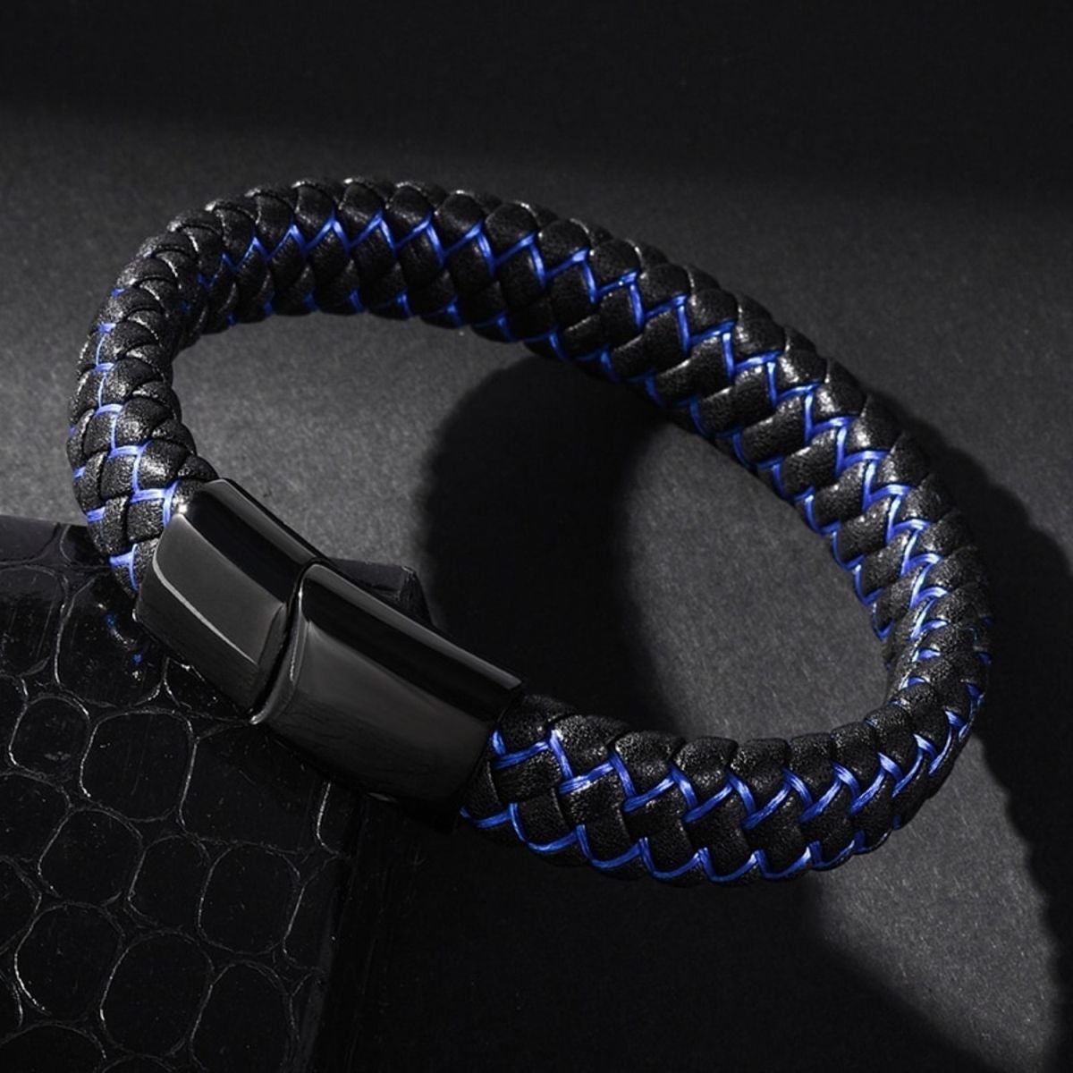 Braided Blue Black Leather Stainless Steel Wrist Band Bracelet Bulk