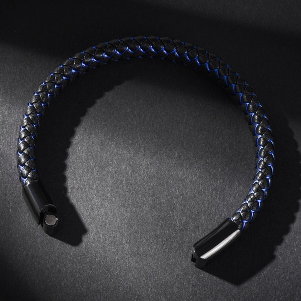 Braided Blue Black Leather Stainless Steel Wrist Band Bracelet Bulk