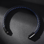 Braided Blue Black Leather Stainless Steel Wrist Band Bracelet Bulk