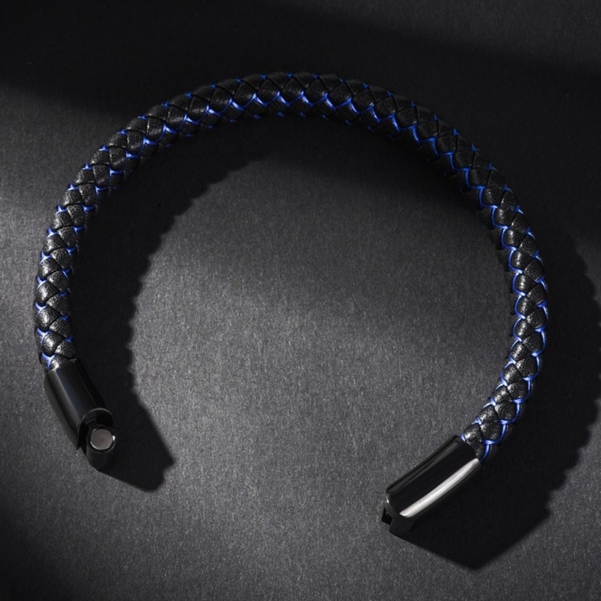 Braided Blue Black Leather Stainless Steel Wrist Band Bracelet Bulk