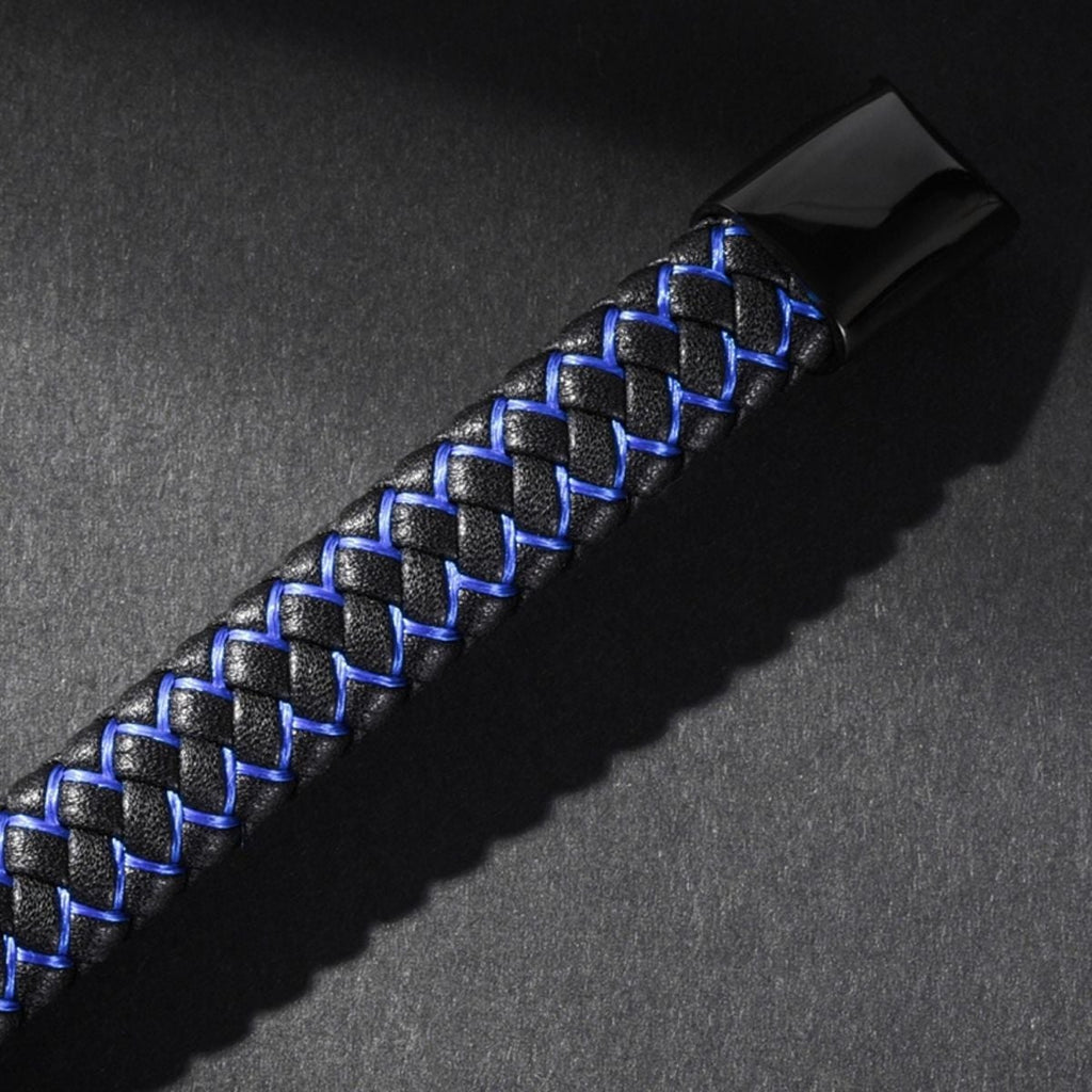 Braided Blue Black Leather Stainless Steel Wrist Band Bracelet Bulk